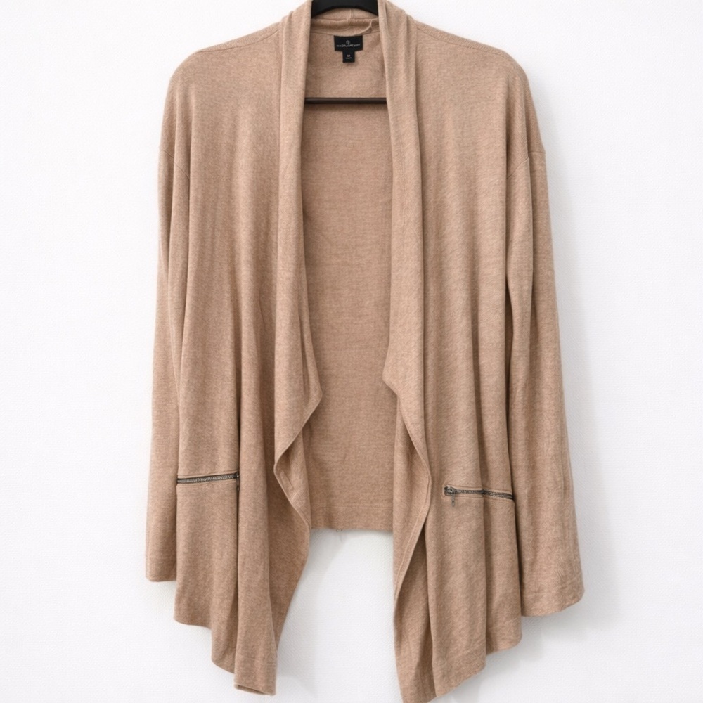 Worthington medium Tan Cardigan Sweater Lightweight Open Front zipper pockets